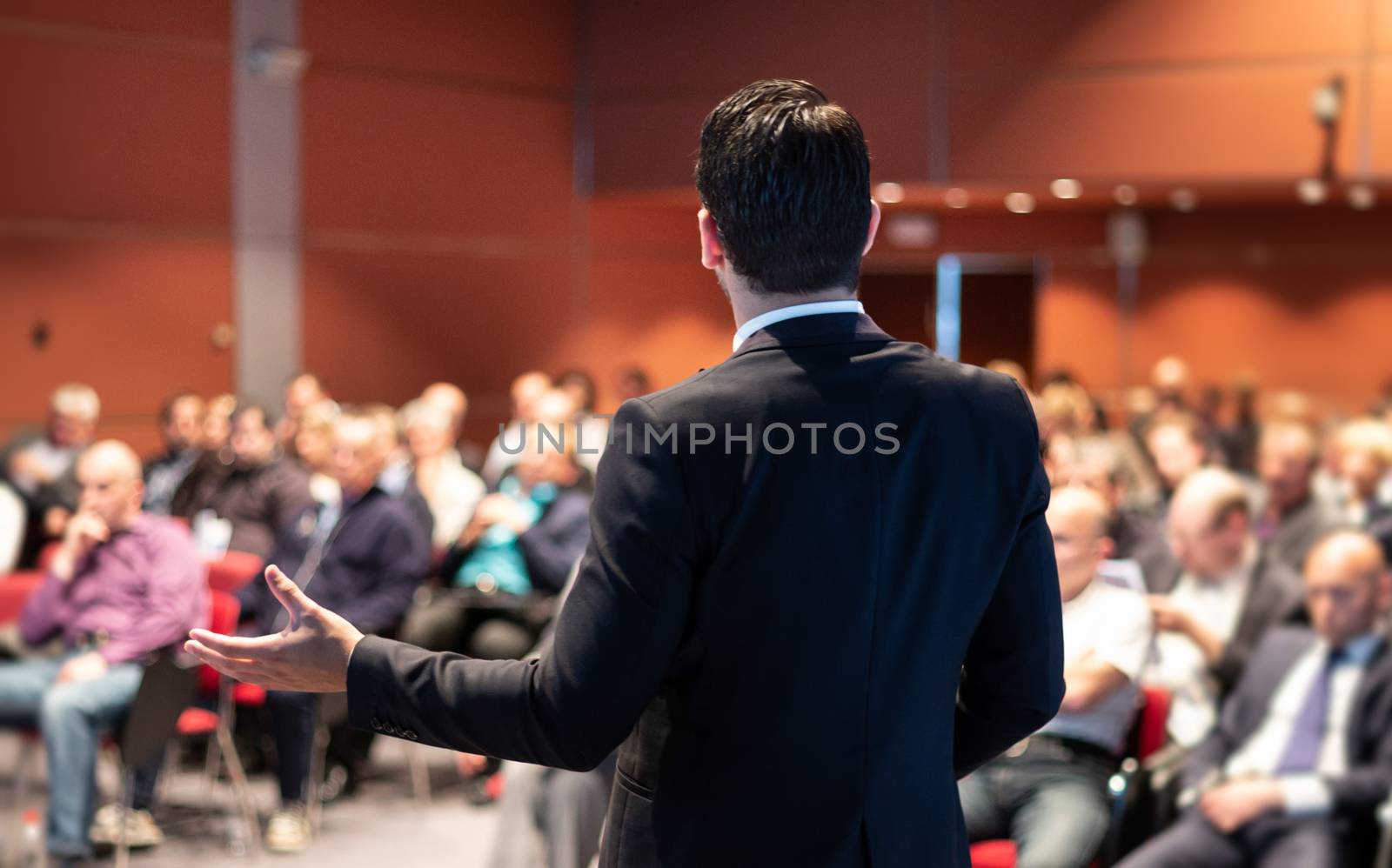 Speaker at Business Conference with Public Presentations. Audience at the conference hall. Entrepreneurship club. Rear view. Panoramic composition. Background blur.