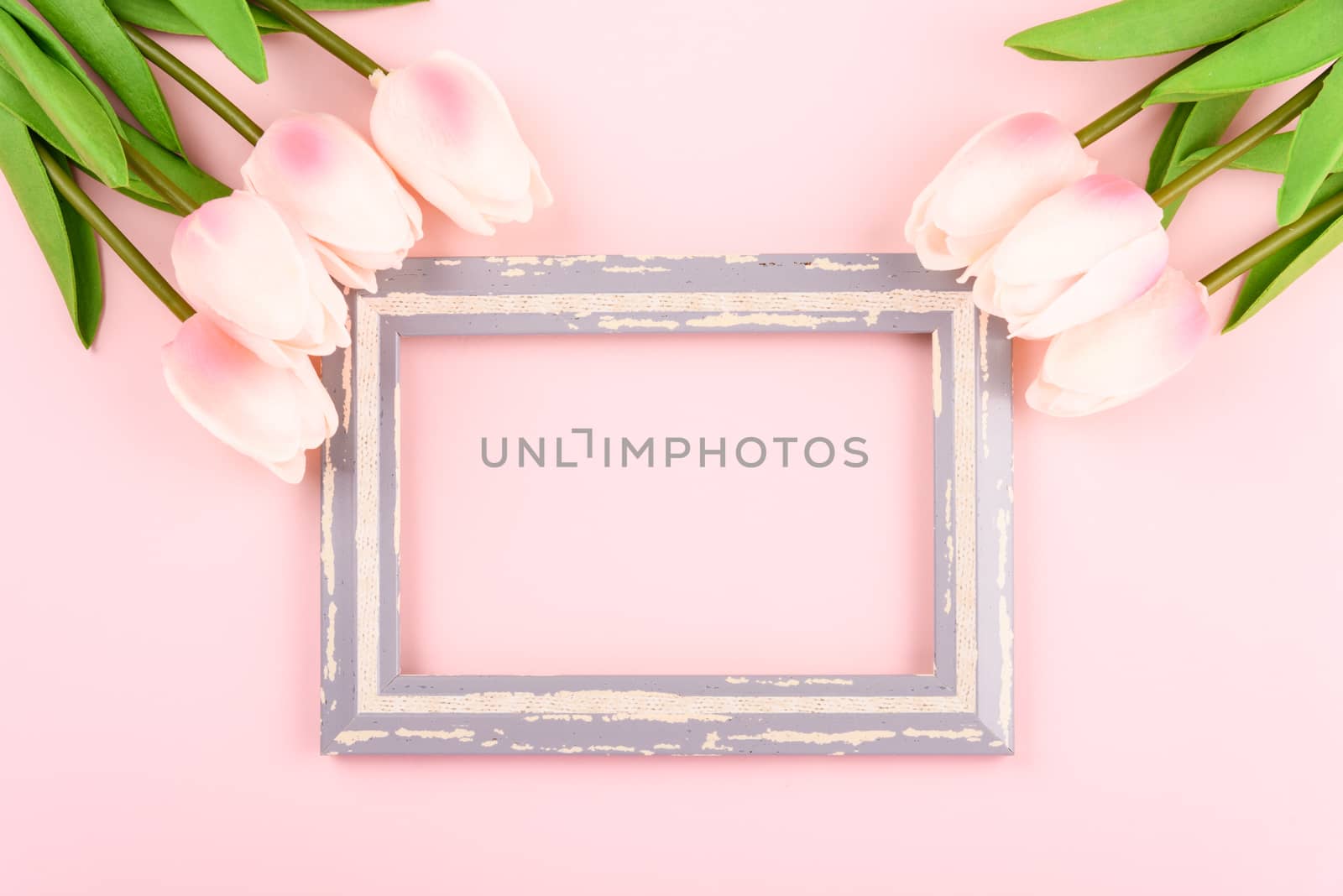 Happy Women's Day, Mother's Day concept. top view flat lay photo frame and Tulip flower on pink background, copy space for your text