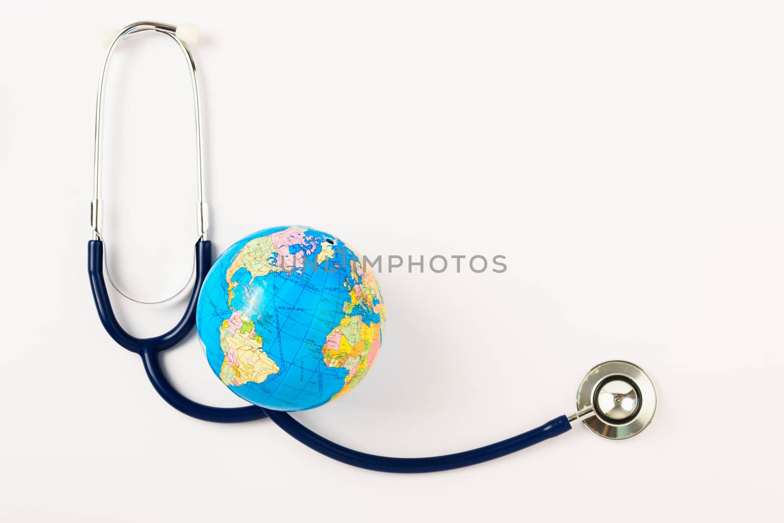 World health day concept, Stethoscope and globe on white background with copy space. Global health care