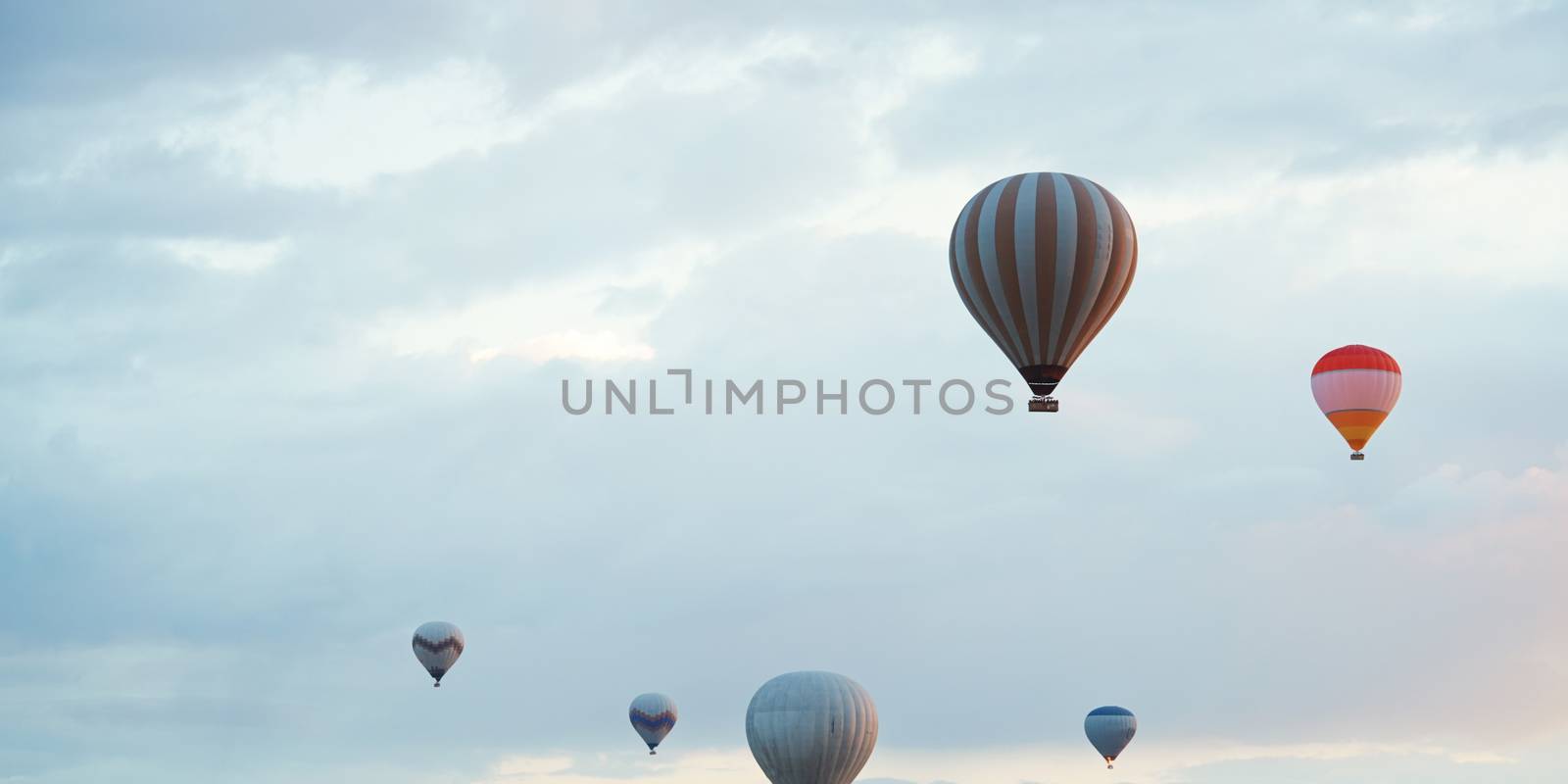 Group of air balloons flying in the sky by Novic