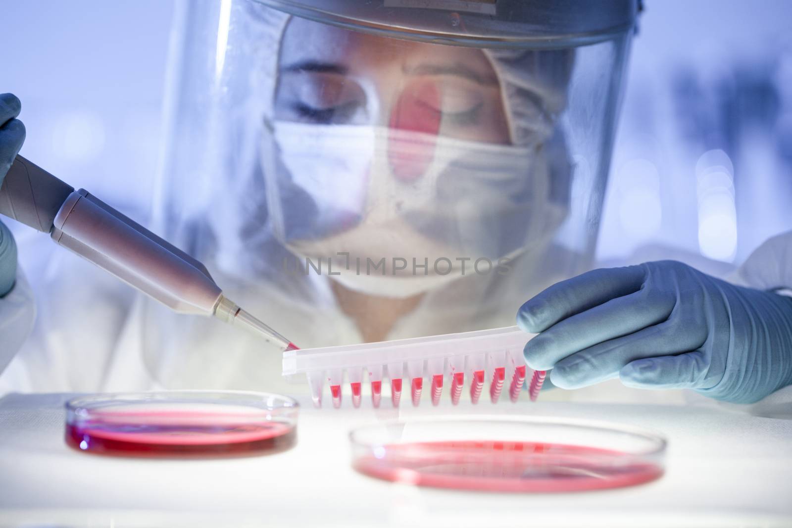 Female scientist working in the corona virus vaccine development laboratory research with a highest degree of protection gear. by kasto