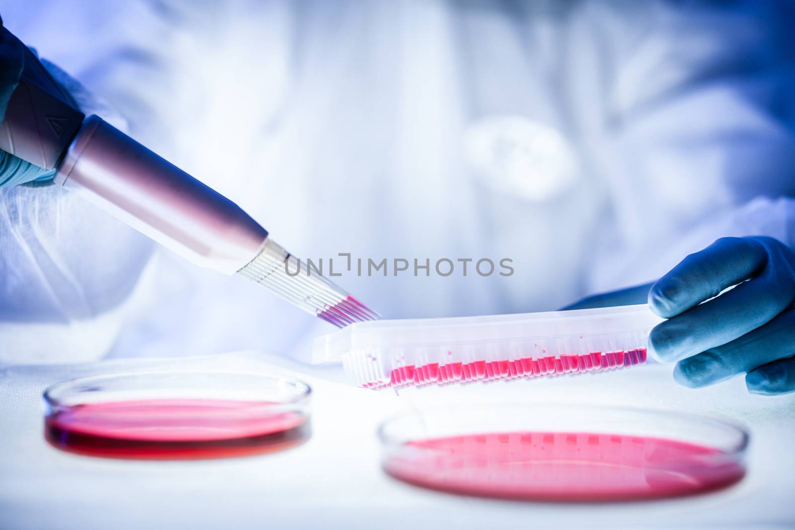 Detail of scientist working in the corona virus vaccine development laboratory research with a highest degree of protection gear. by kasto