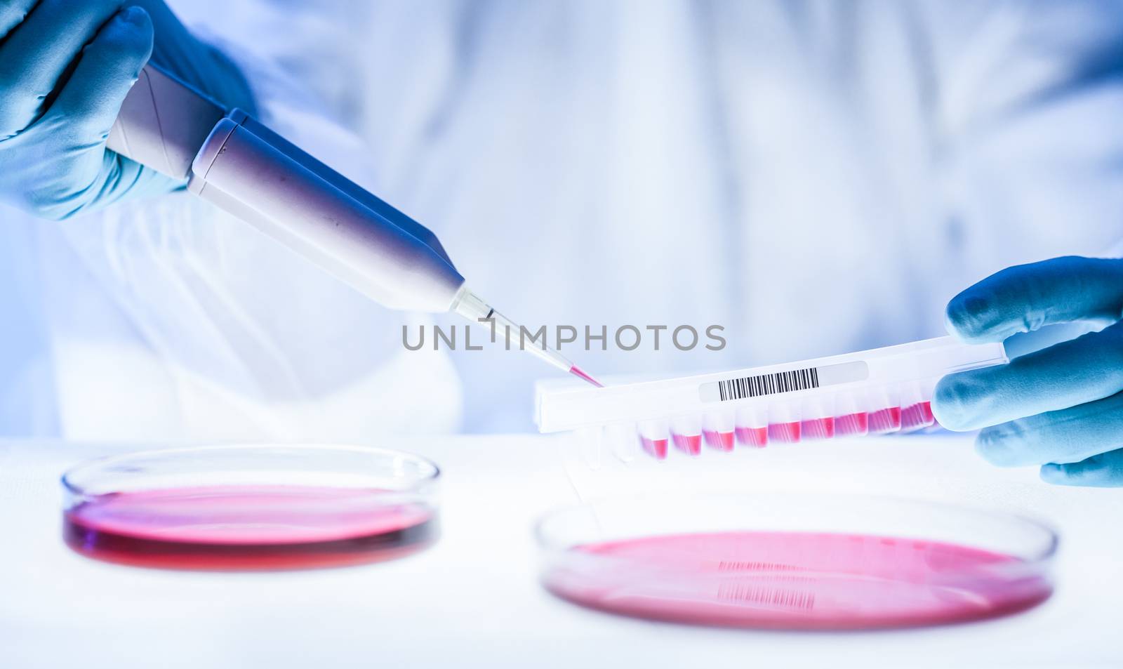 Close up of scientist working in the corona virus vaccine development laboratory research with a highest degree of protection gear. Coronavirus pandemic concept. Development of virus treatment drug.