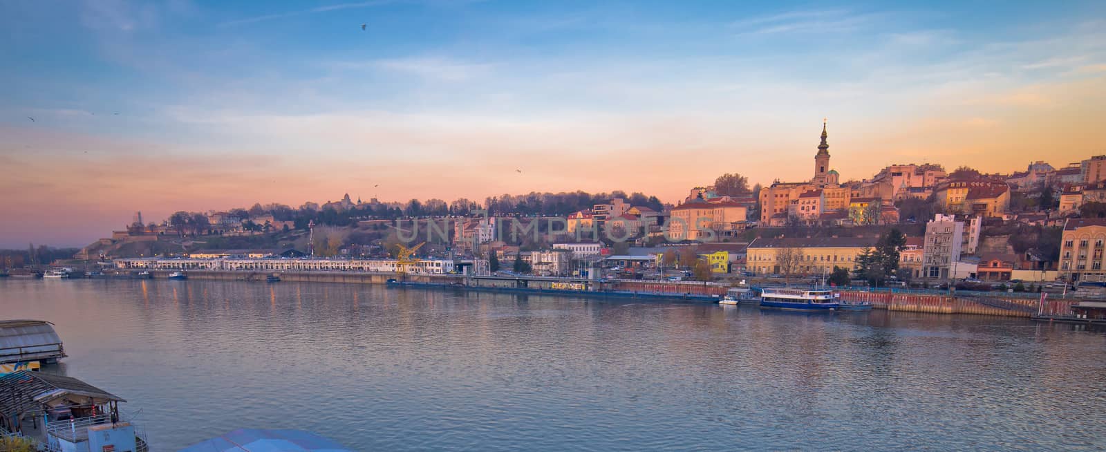 Belgrade Danube river boats and cityscape panoramic view, capital of Serbia