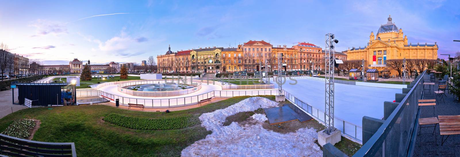 Tomislav square in Zagreb ice skate park advent evening panoramic view, capital of Croatia