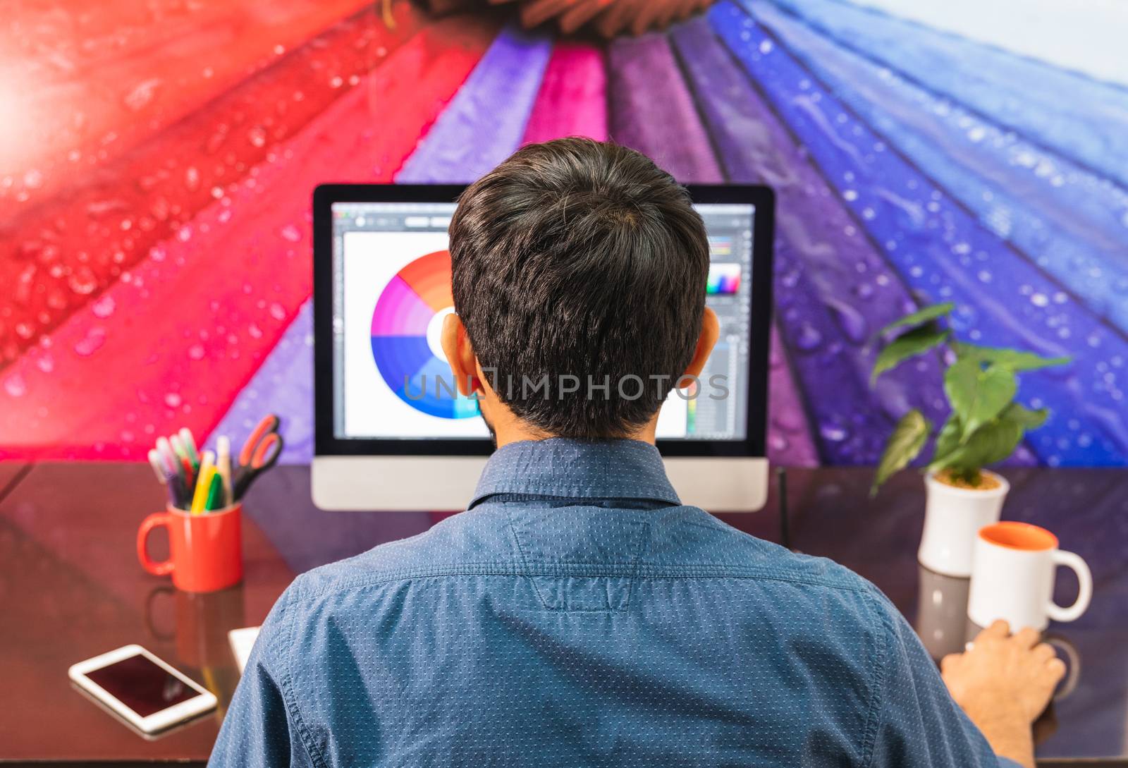 Back view. Young bearded businessman in denim shirt is sitting in office at table and is using computer with color swatch on screen. On table is smartphone and stationery. Man working.