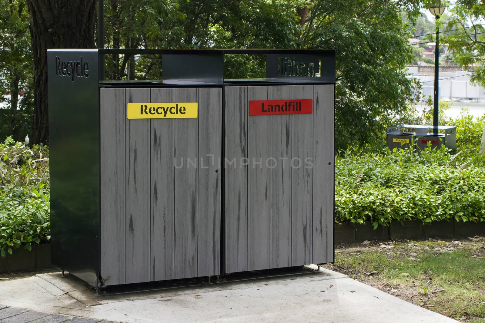 Public bin enclosure for recycle and landfill waste by definitearts