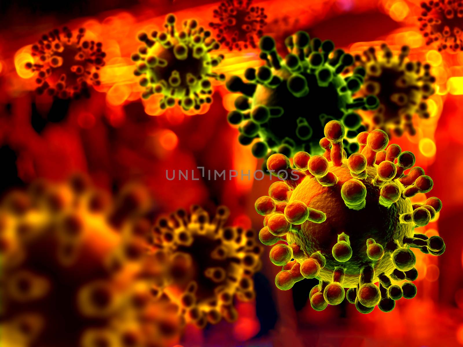 Illustration of corona viruses, covid-19 on red background.  by hadkhanong