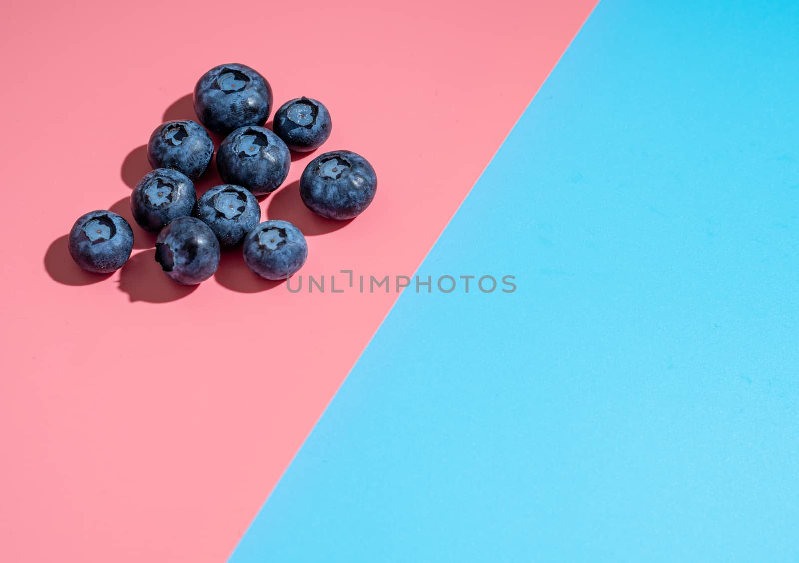 Blueberry on duotone background. Minimalistic concept. Blueberries on pink and blue background in hard light. Copy space for text or design.
