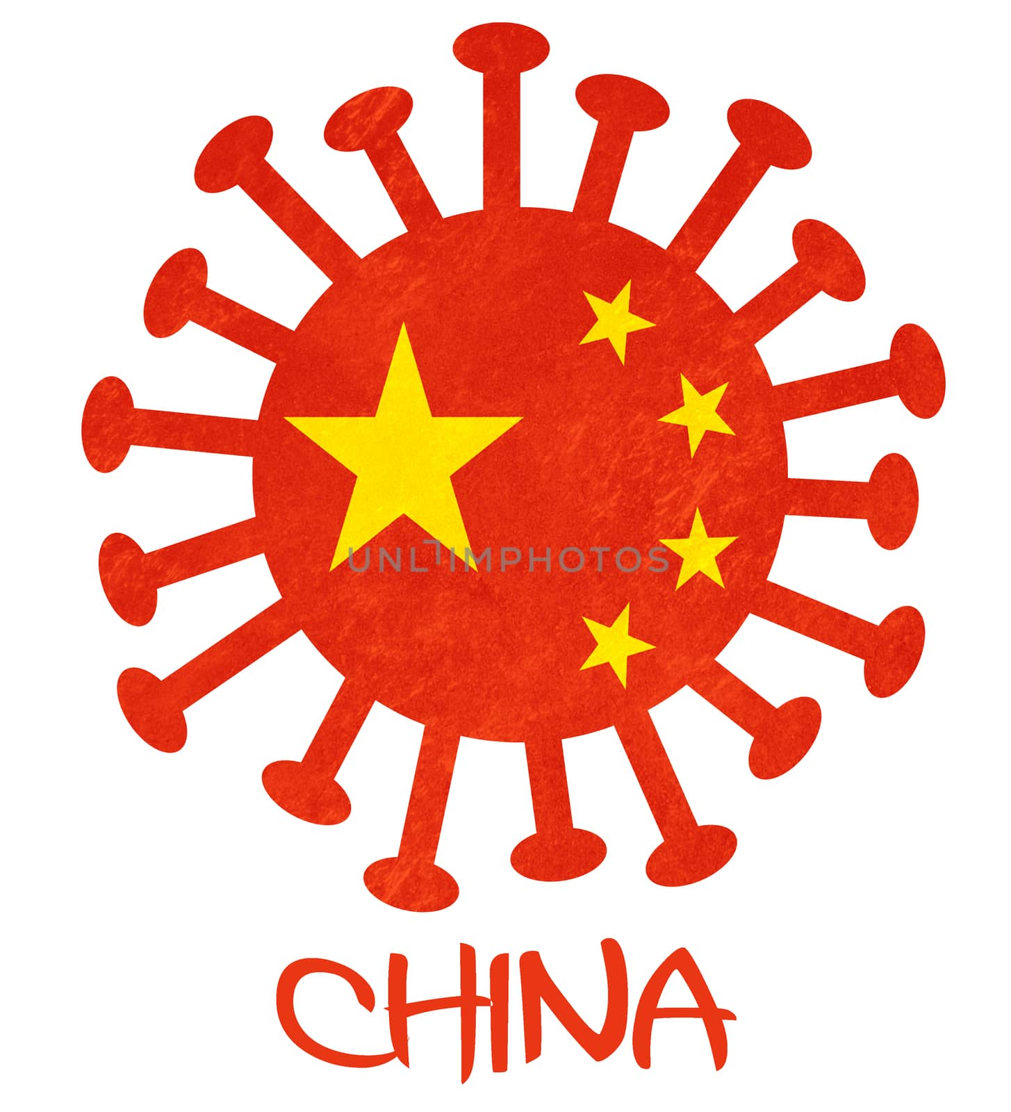 The Chinese national flag with corona virus or bacteria - Isolated on white