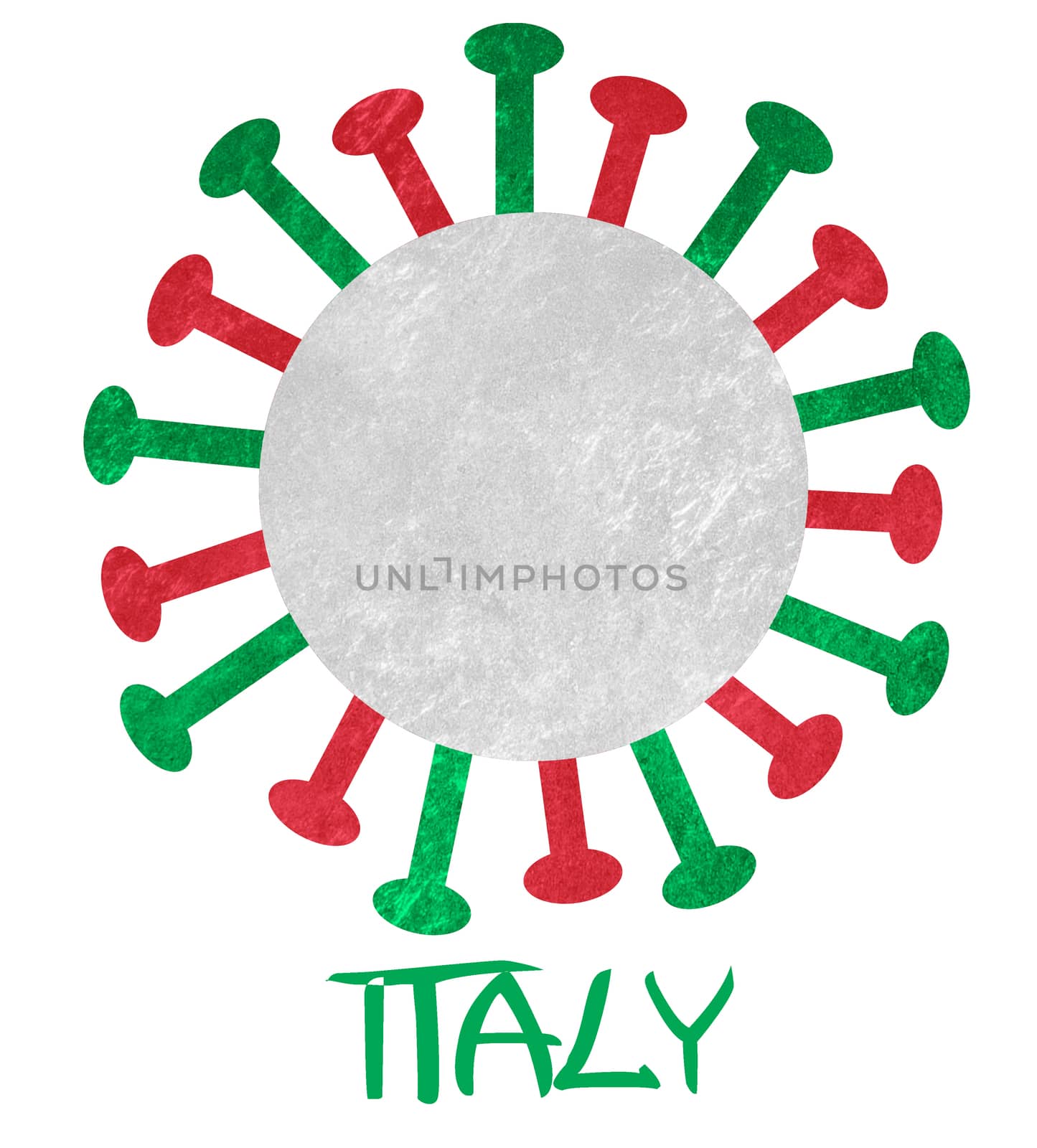 The Italian national flag with corona virus or bacteria - Isolated on white