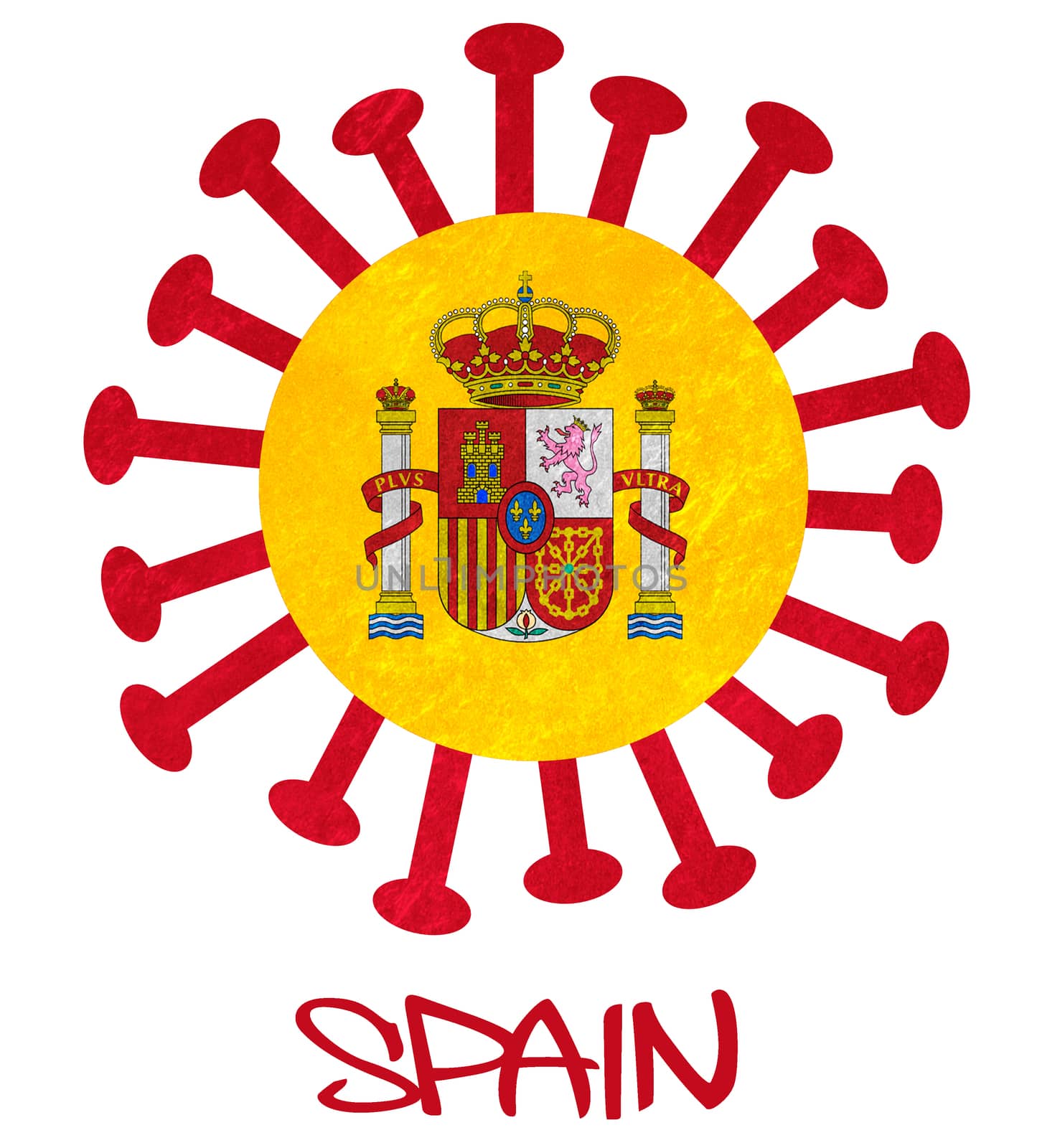 The Spanish national flag with corona virus or bacteria - Isolated on white