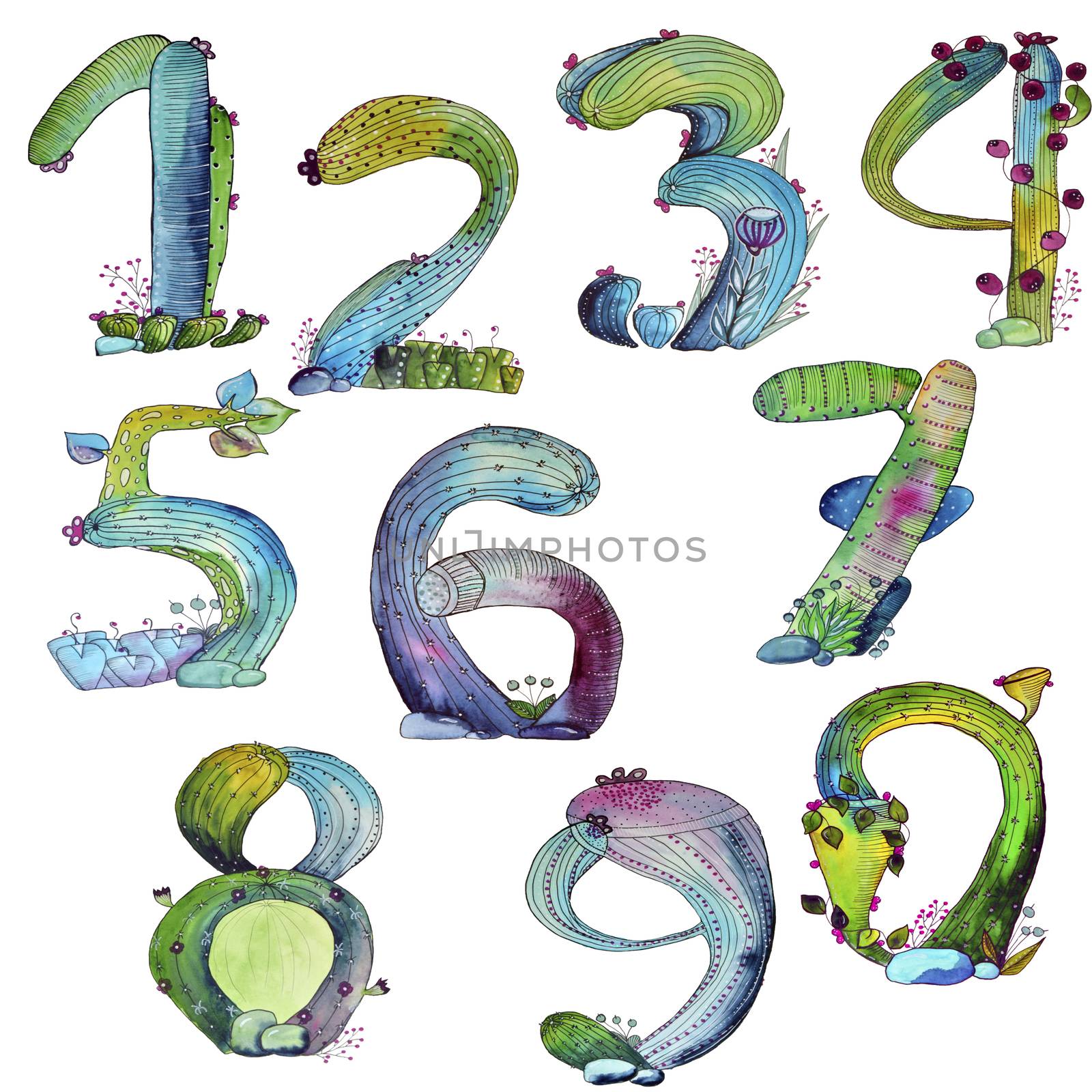 set of illustration of numeric cute cartoon Cactus watercolor