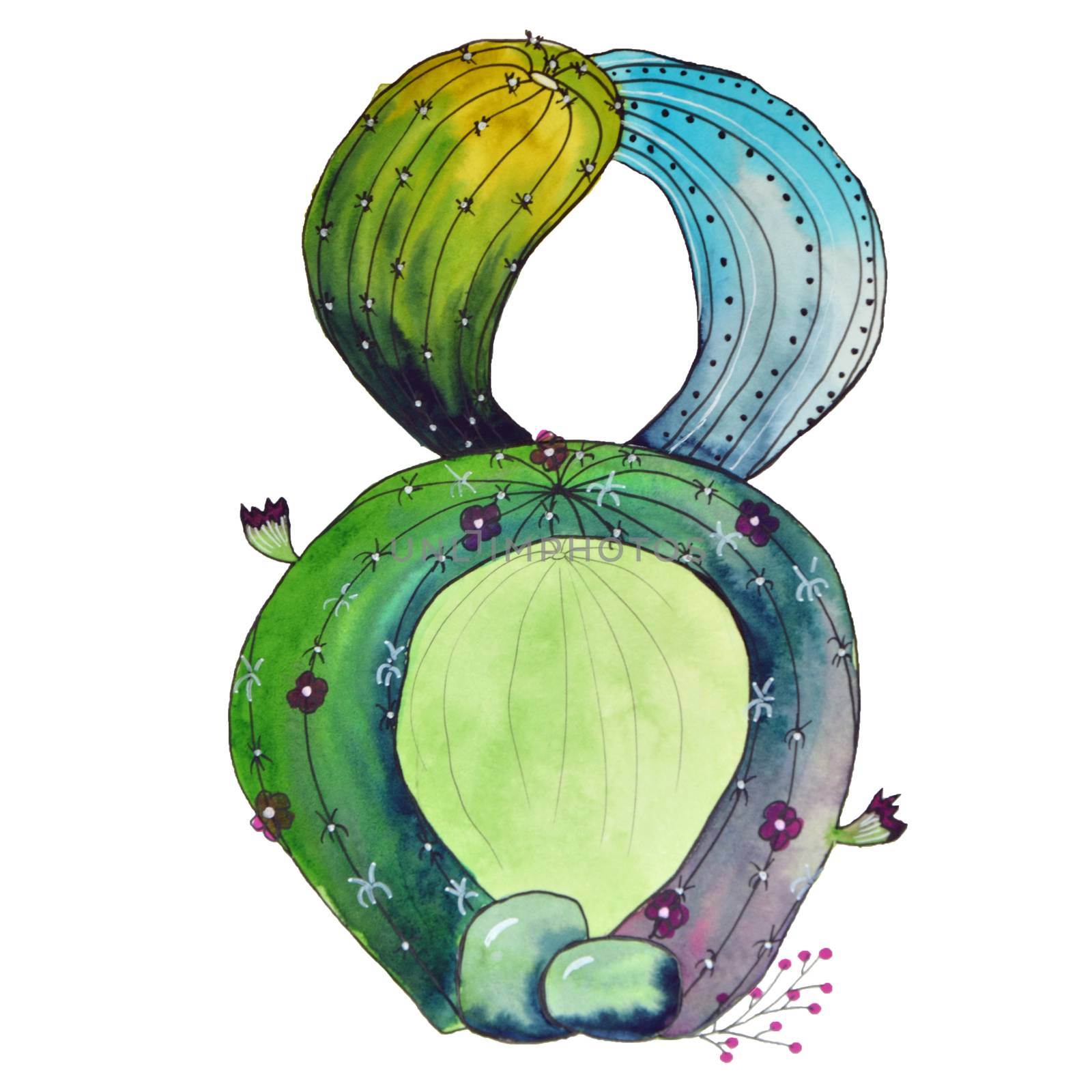 Cactus fantasy watercolor illustration of number eight by kimbo-bo