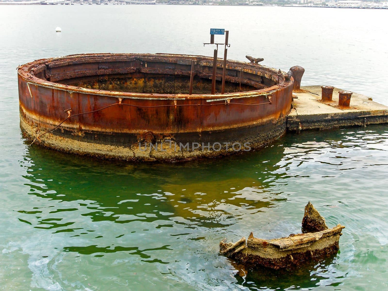 View from the Pearl Harbor Memorial of USS Arizona Smokestack