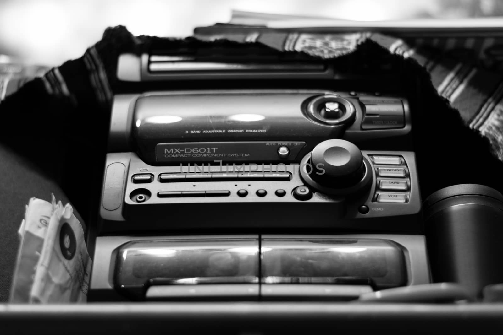 An old stereo sound system photographed in black and white.