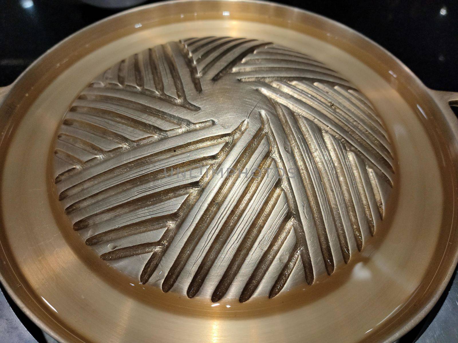 The Close up of grill pan. Grill barbecue on pan street buffet thai style