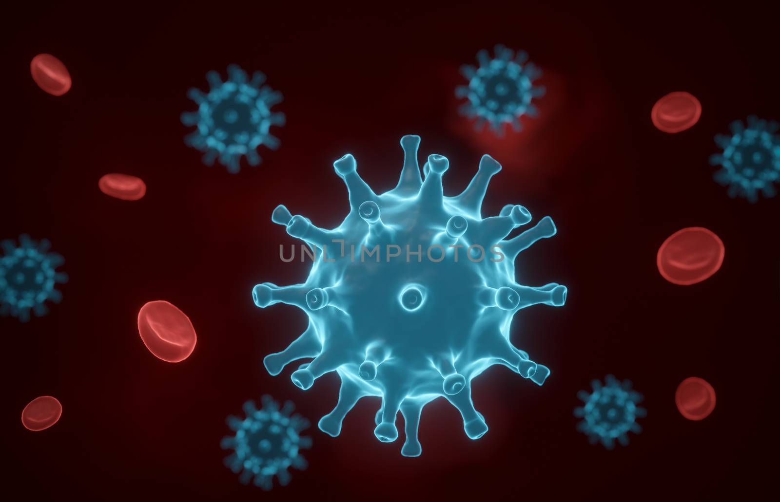 Coronavirus cell inside human body. COVID-19 cell in microscope view. Realistic 3D rendering. Virus simulation model in respiratory infections. Concept of healthy care.