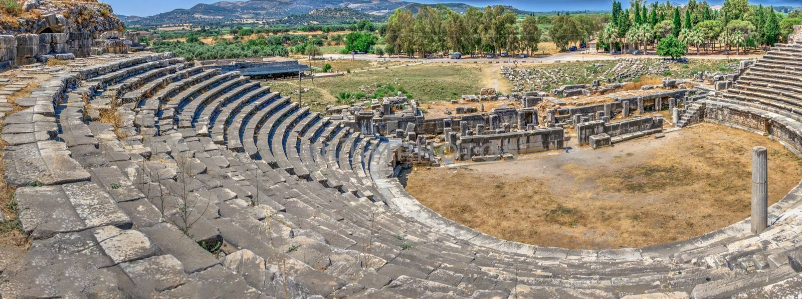 The interior of the Ancient Theatre in the greek city of Miletus, Turkey, on a sunny summer day