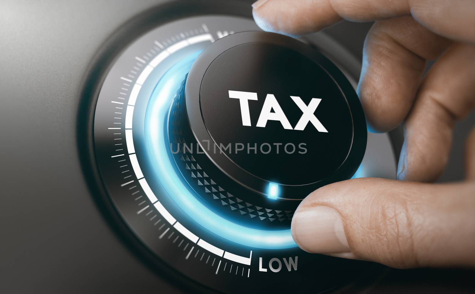 Finger turning a tax knob with blue light to reduce taxes. Lowering taxable income concept. Composite image between a hand photography and a 3D background.