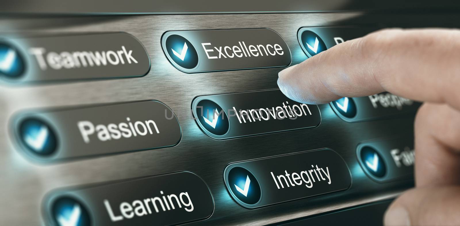 Finger pressing a button with the word innovation on a panel with core values of a company. Composite image between a hand photography and a 3D background.
