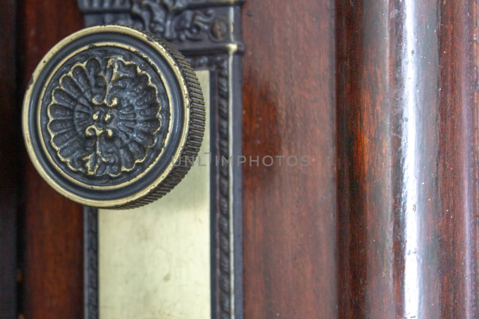 Closeup of a round door handle on a dark wooden door