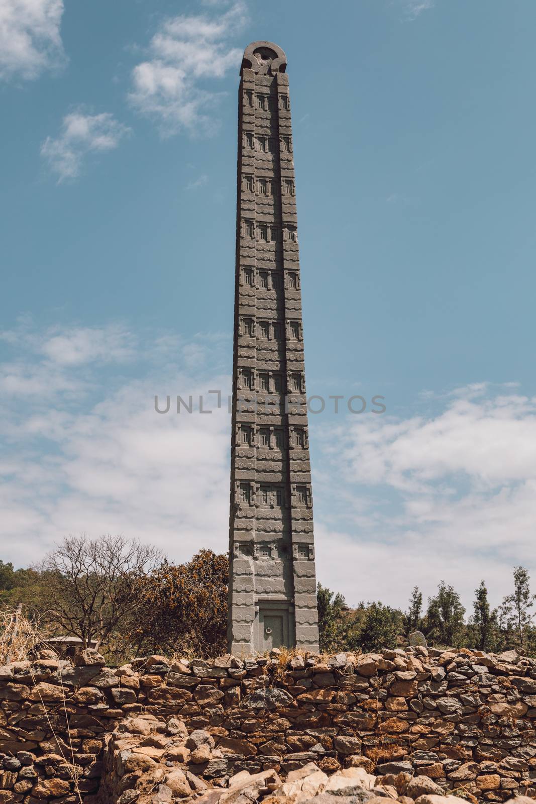 Famous Ancient monolith stone obelisk, symbol of the Aksumite civilization. Aksum, Ethiopia. UNESCO World Heritage site.