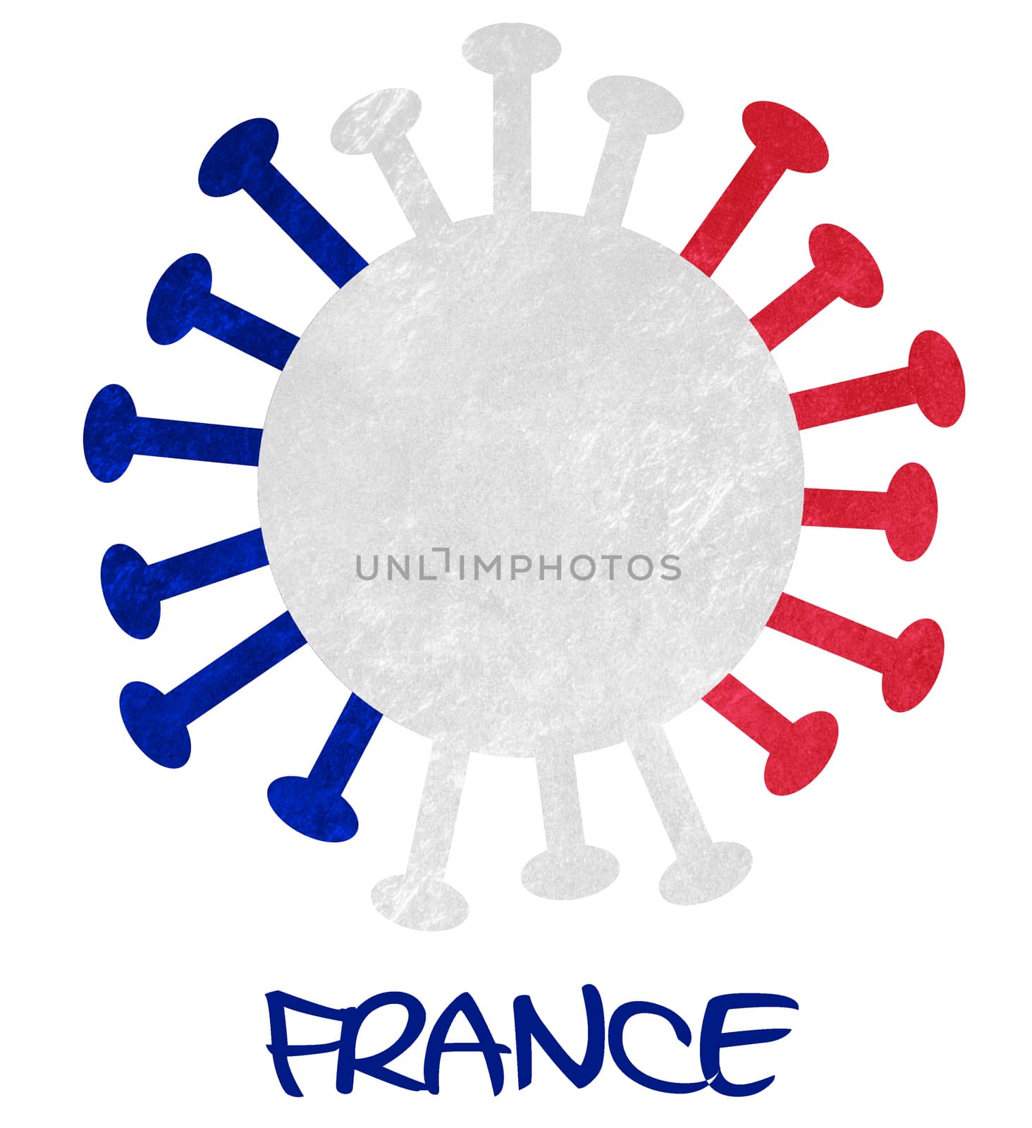 The national flag of France with corona virus or bacteria - Isolated on white