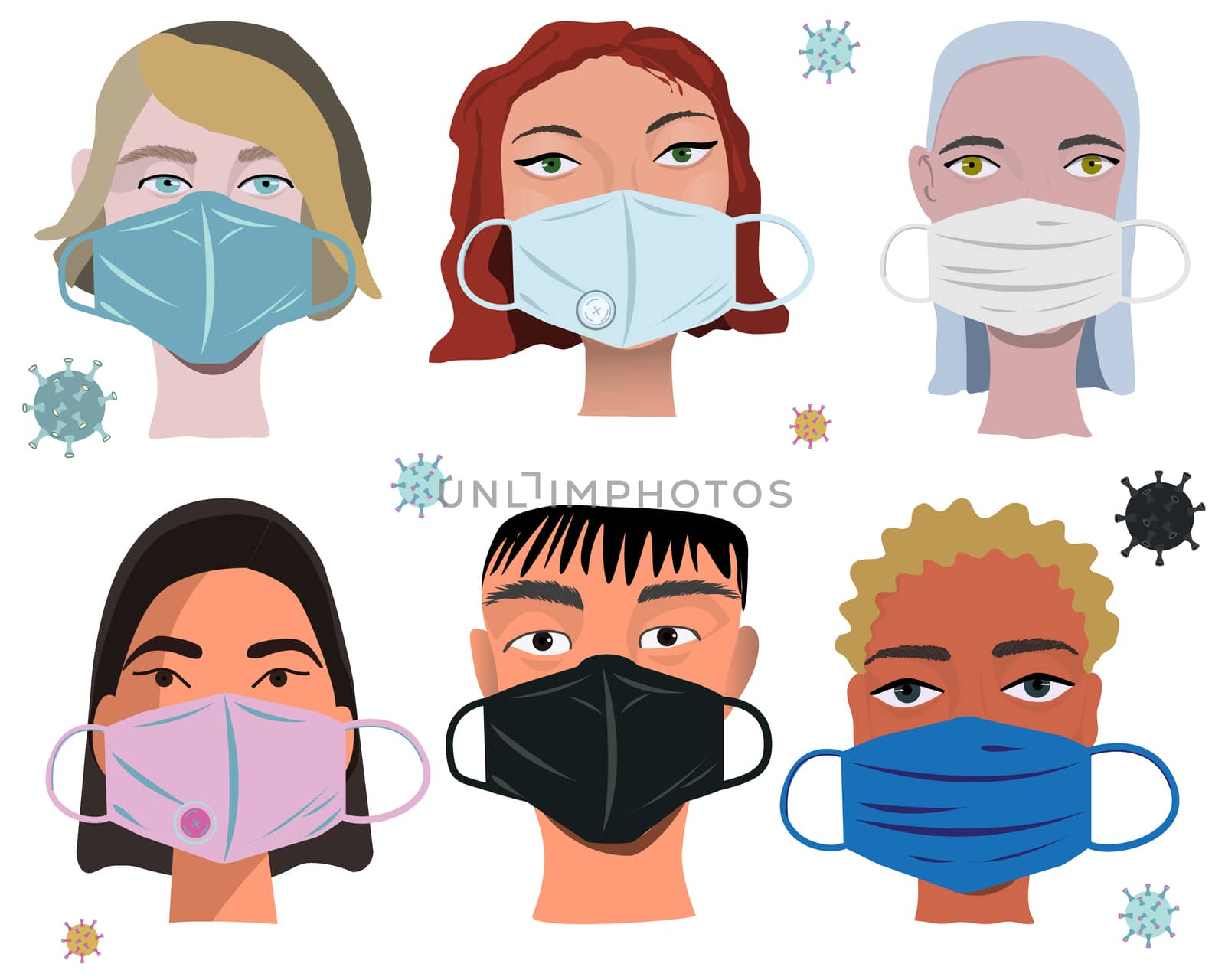 Multinational group wearing face mask with note COVID-19, people in medical face mask. White background. Concept of coronavirus quarantine vector illustration.