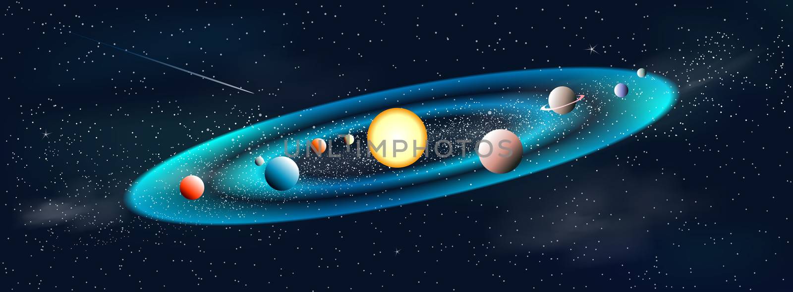 Shining sun and planets. Solar system. Galaxy. The night starry sky. Space background.