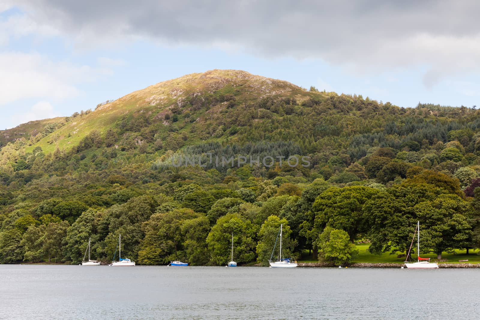 The view across Lake Windermere from Lakeside, Cumbria in the English Lake District National Park.