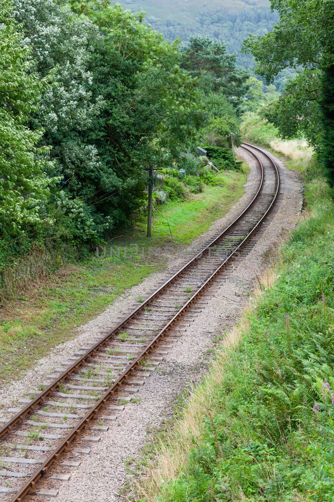 A stretch of railway track on the preserved Lakeside and Haverthwaite railway in Cumbria, northern England.