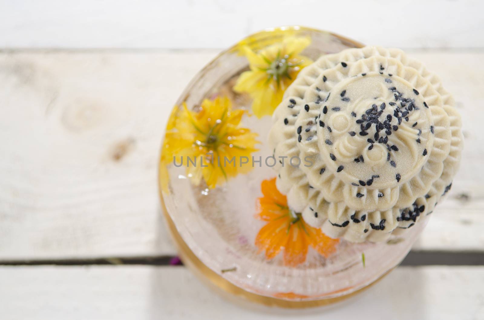 Black sesame Ice Mooncake ,Chinese mid autumn festival food.