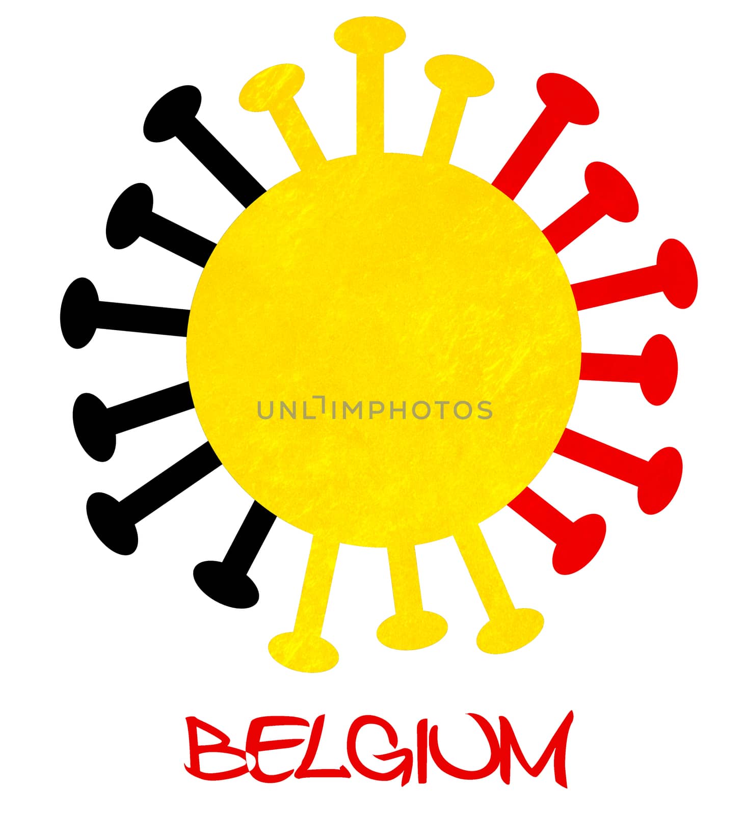 The Belgium national flag with corona virus or bacteria - Isolated on white