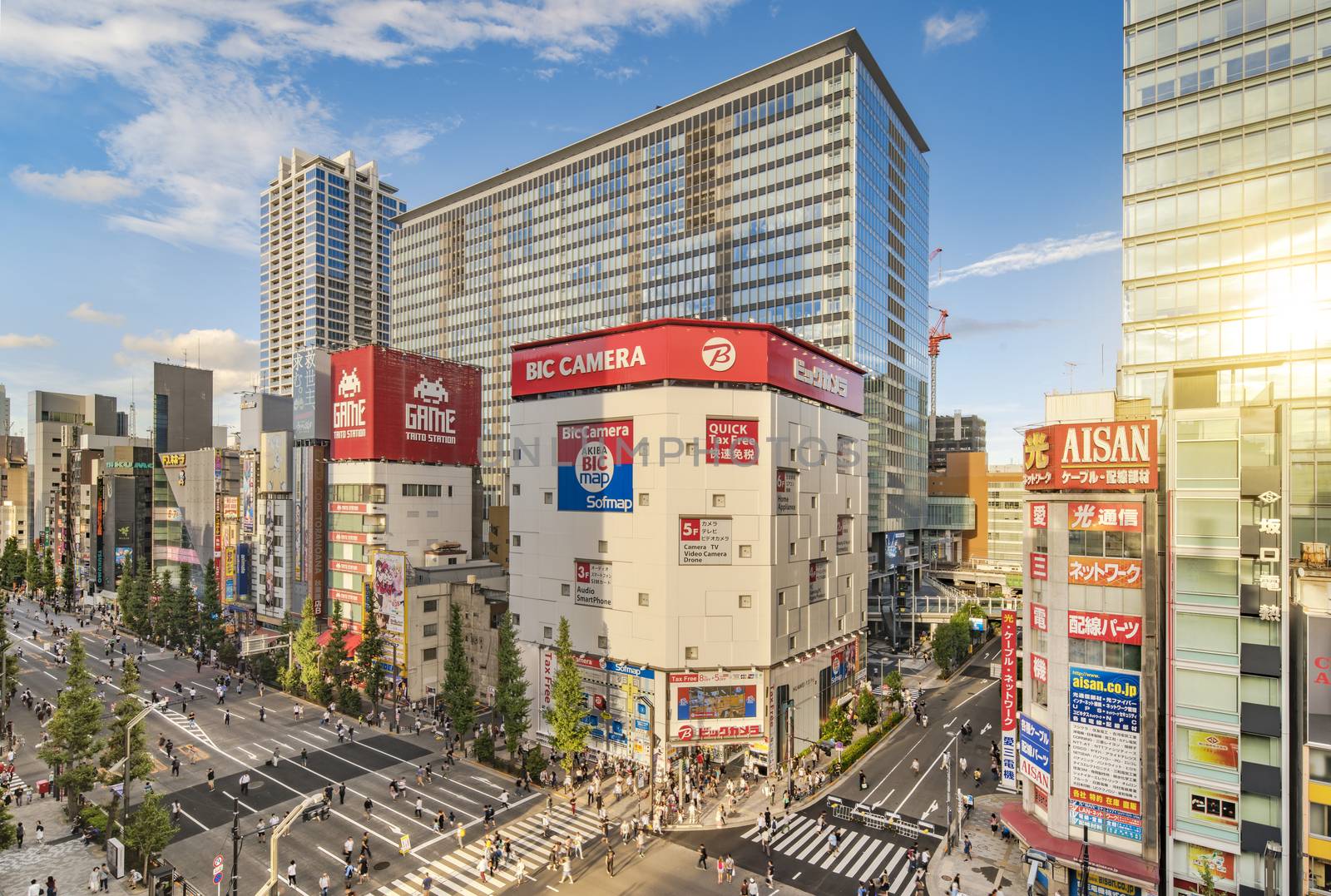 Aerial sunset view of the Akihabara Crossing Intersection in the electric town of Tokyo in Japan.