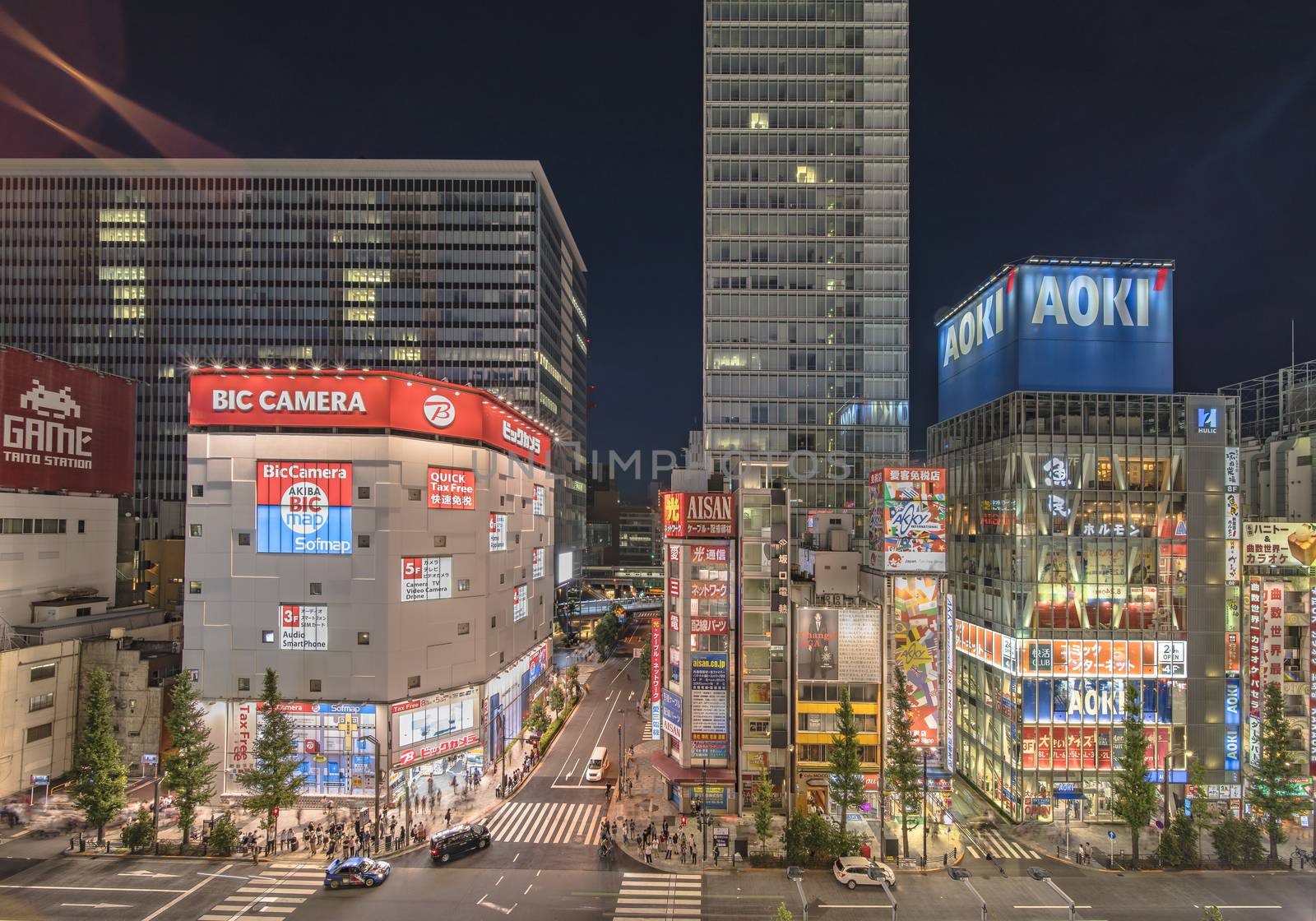 Aerial night view of the Akihabara Crossing Intersection by kuremo