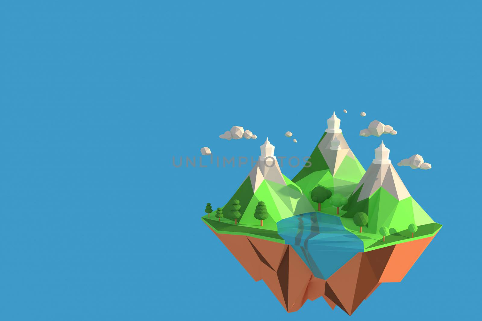 3D illustrator of Chaloem Phrakiat Temple, Thailand, 3d rendering Low Polygon Geometry Background. Abstract Polygonal Geometric Shape. Lowpoly Minimal Style Art.