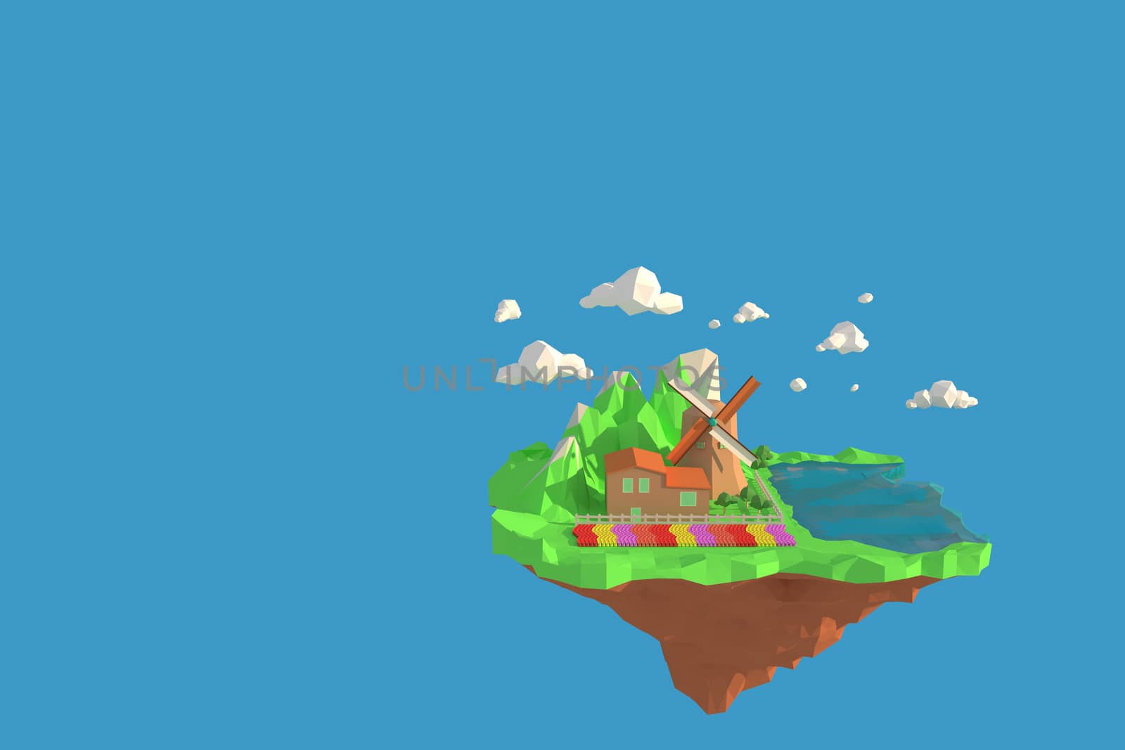 3D illustrator of Zaanse Schans windmill village, Netherlands, 3d rendering Low Polygon Geometry Background. Abstract Polygonal Geometric Shape. Lowpoly Minimal Style Art.