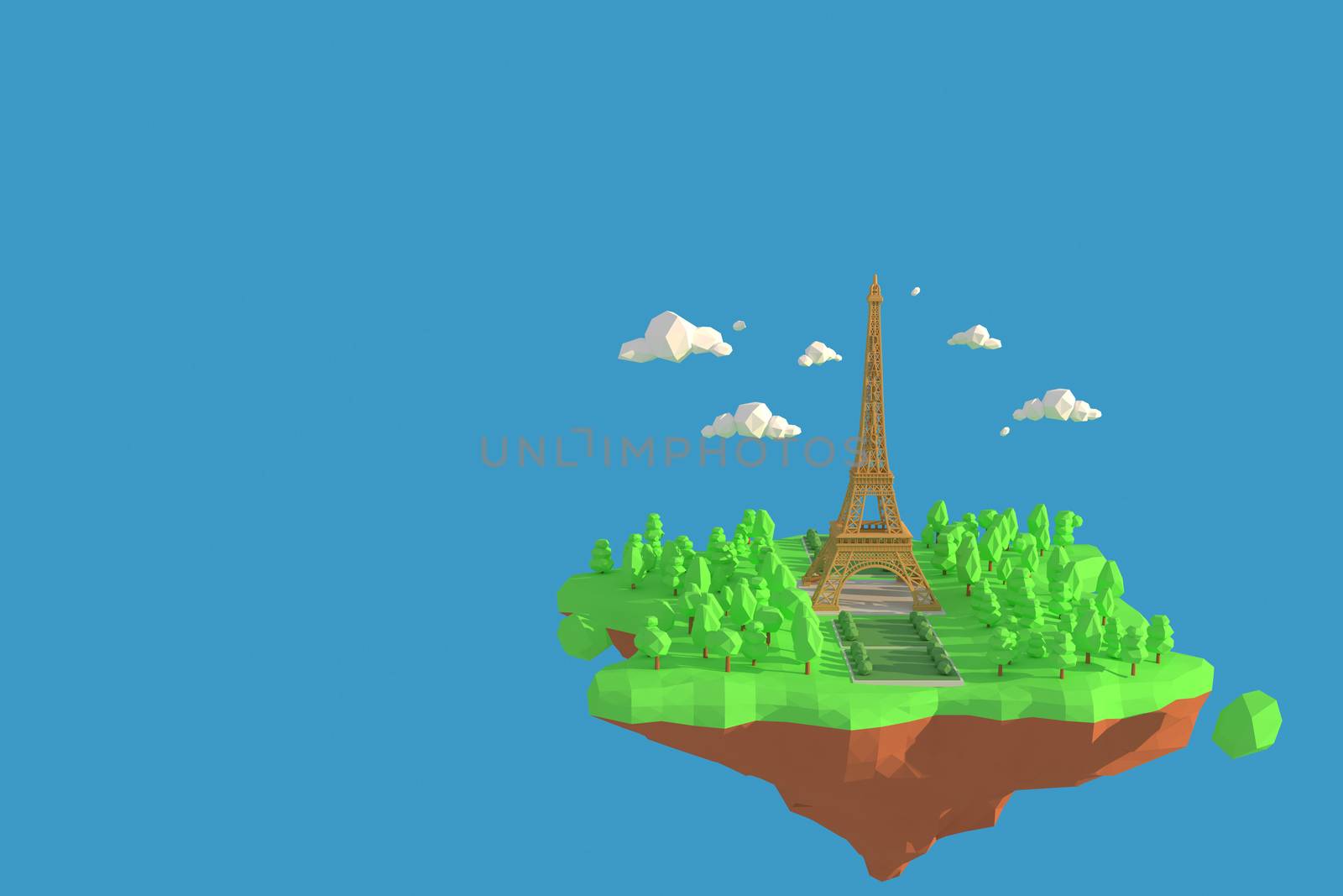 3D illustrator of Eiffel tower in France.   3d rendering Low Polygon Geometry Background. Abstract Polygonal Geometric Shape. Lowpoly Minimal Style Art.
