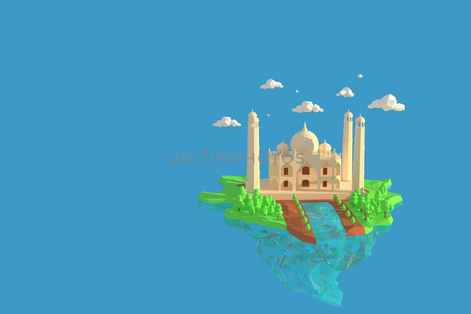 3D illustrator Taj Mahal, Agra, India. 3d rendering low polygon geometry background. Abstract polygonal geometric Shape. Lowpoly minimal style art.