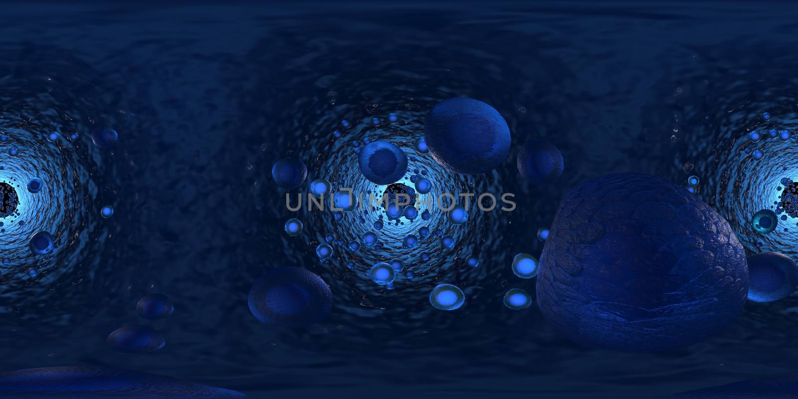 Equirectangular panoramic 360 VR image,  The medical panoramic background, 3d rendering of Cell biology deals with the smallest unit of life.