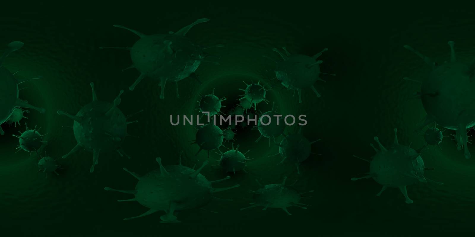 3d rendering Microscope virus- bacteria close up.  Equirectangular  360 VR image.  The medical panoramic background.