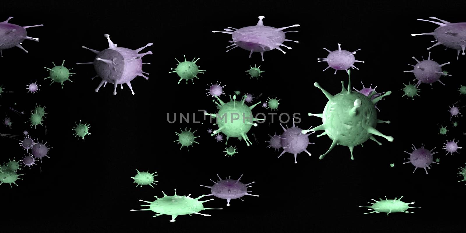 3d rendering Microscope virus- bacteria close up.  Equirectangular  360 VR image.  The medical panoramic background.
