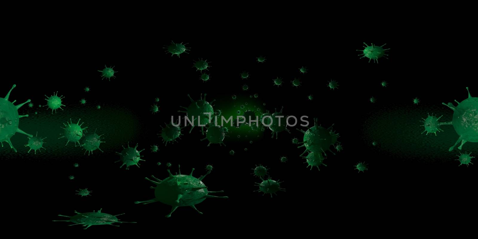 3d rendering Microscope virus- bacteria close up.  Equirectangular  360 VR image.  The medical panoramic background.