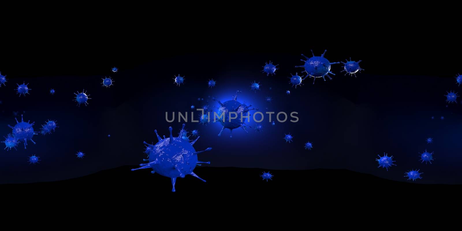 3d rendering Microscope virus- bacteria close up.  Equirectangular  360 VR image.  The medical panoramic background.