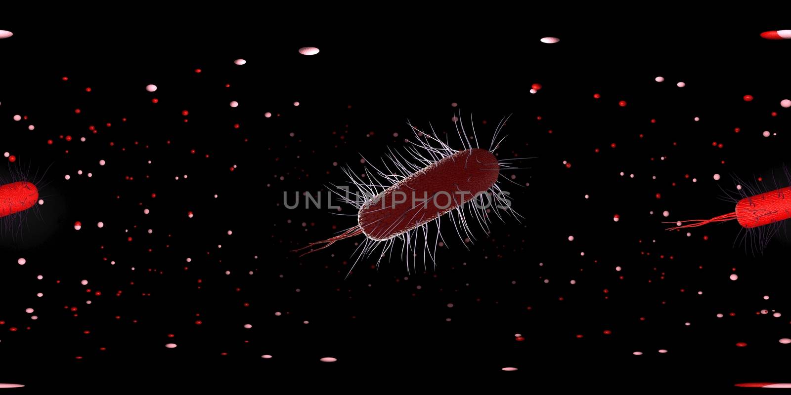 3d rendering Microscope virus- bacteria close up.  Equirectangular  360 VR image.  The medical panoramic background.