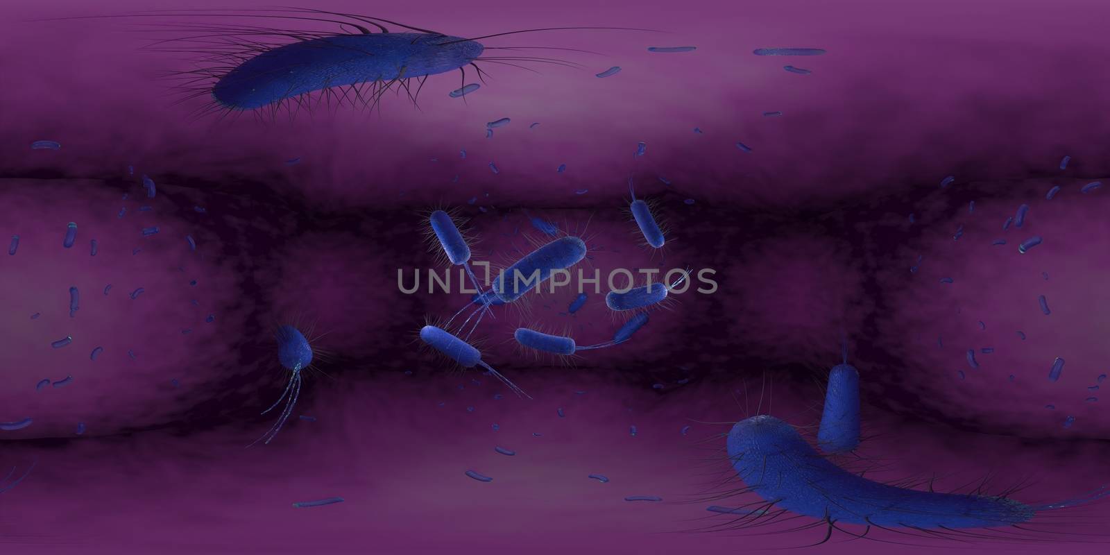 3d rendering Microscope virus bacteria close up.  Equirectangular  360 VR image.  The medical panoramic background.