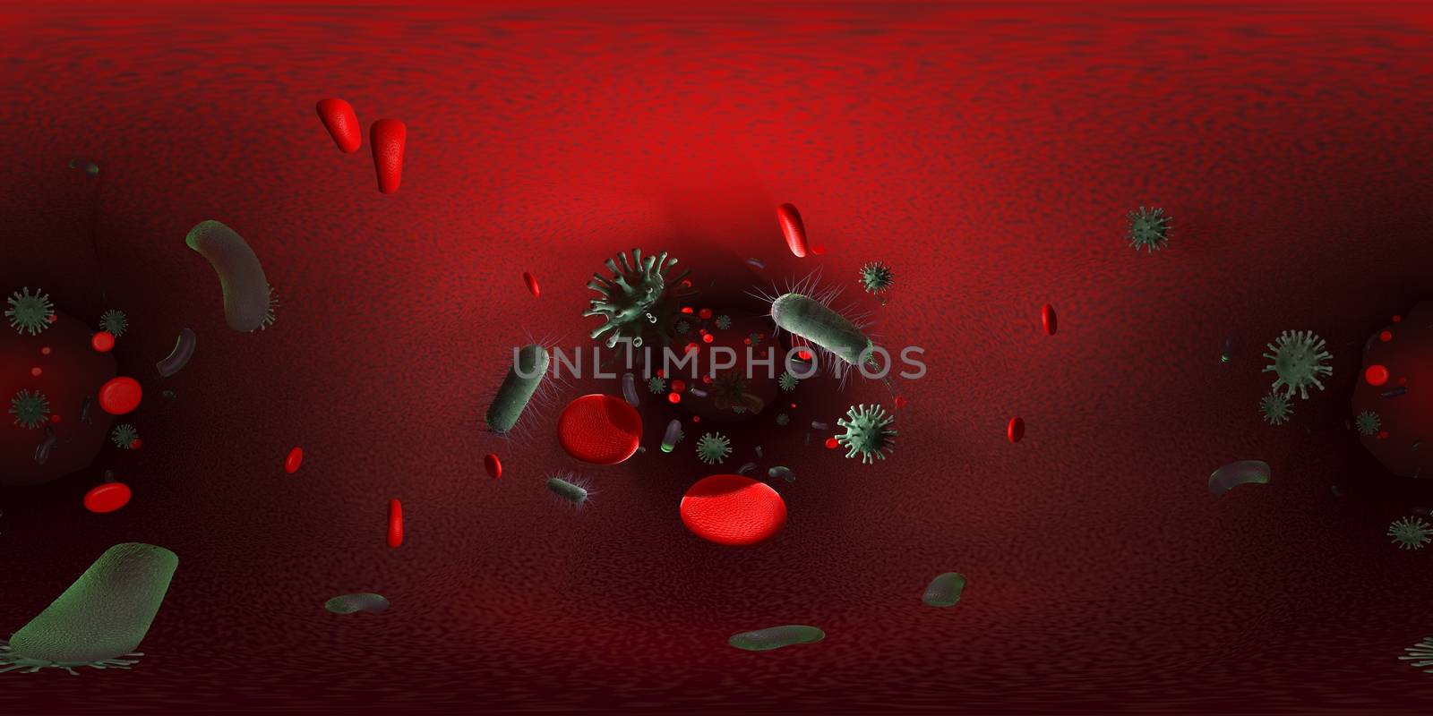 3d rendering Microscope virus bacteria close up.  Equirectangular  360 VR image.  The medical panoramic background.