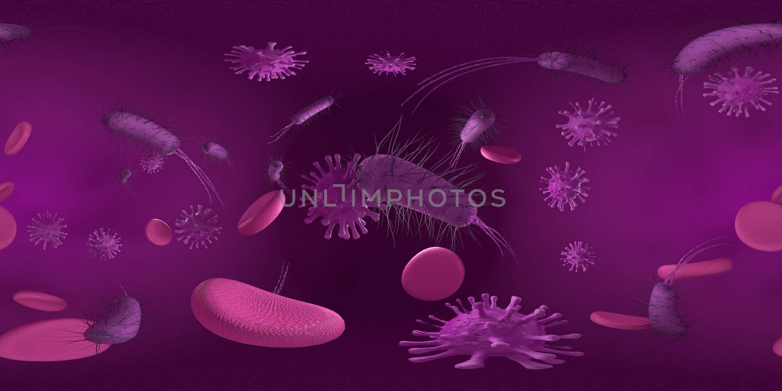 3d rendering Microscope virus bacteria close up.  Equirectangular  360 VR image.  The medical panoramic background.