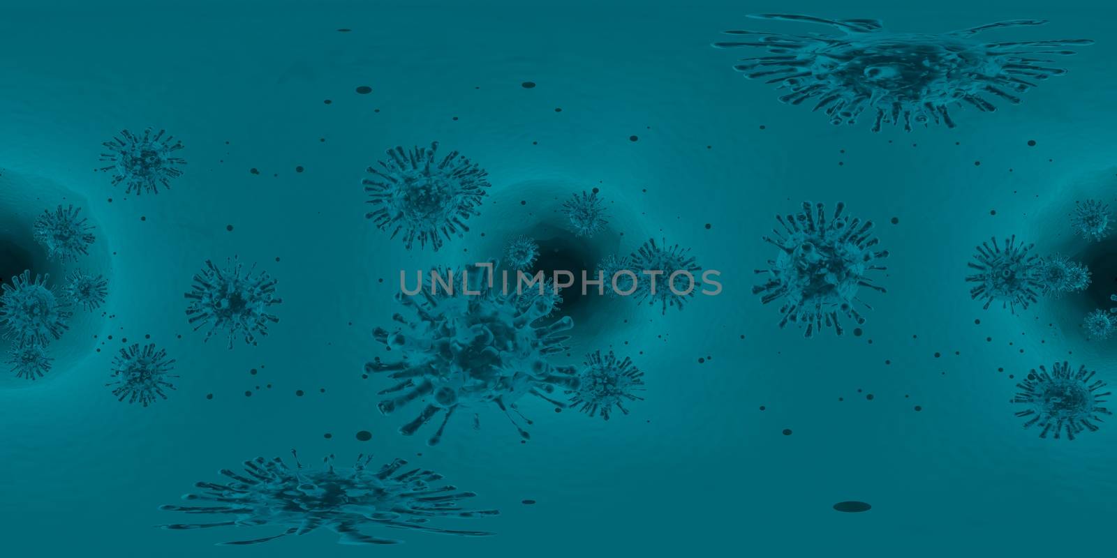 3d rendering Microscope virus- bacteria close up.  Equirectangular  360 VR image.  The medical panoramic background.